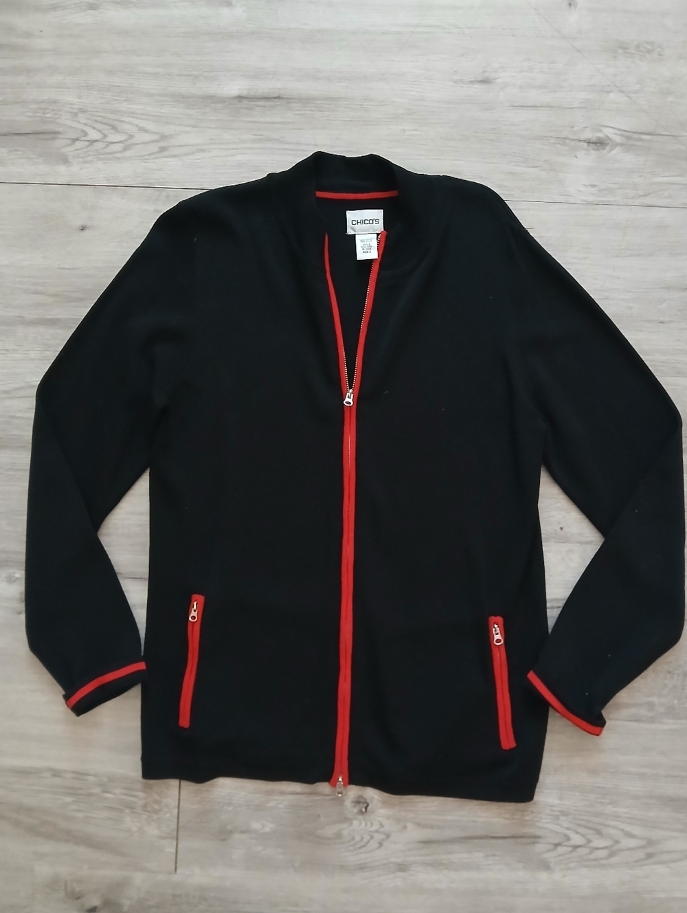 Chico's Black Vintage Style Knit Cardigan Jacket with Red Trim & Double Zipper